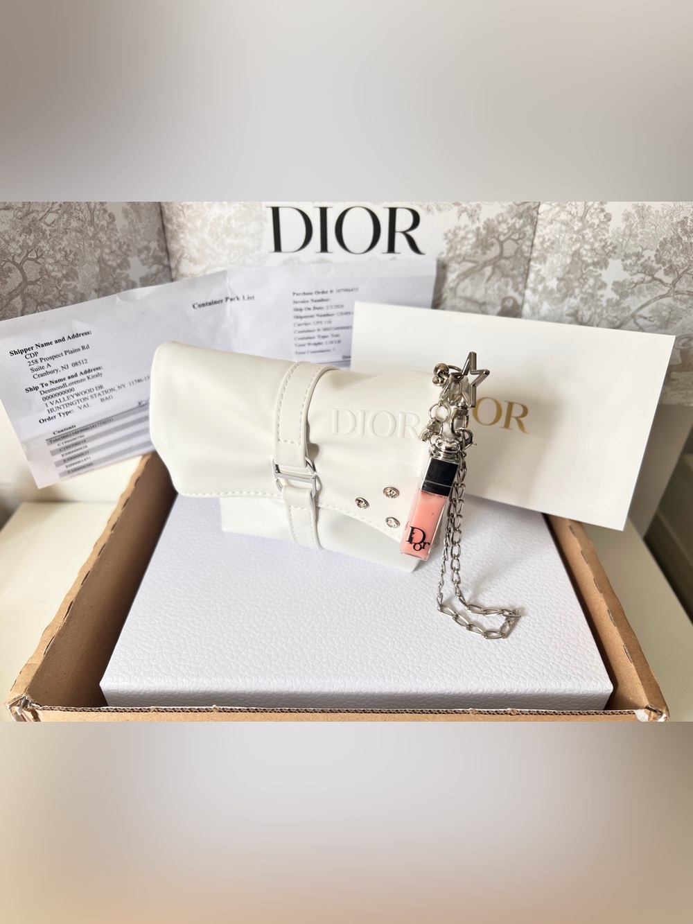 DIOR White Roll Top Cosmetic Pouch Bag Silver "CD" Buckle Strap Lip Addict Charm